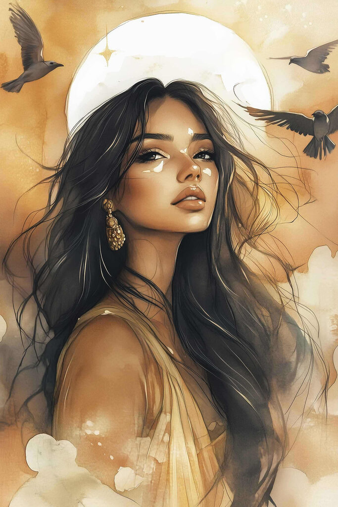 Woman with long hair and a bird flying in the sky Woman with long hair and a bird flying in the sky