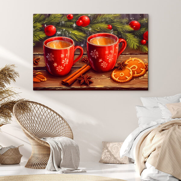 Cuadros Cuadro en el que aparecen dos tazas rojas con motivos blancos, ramas de canela y estrellas de anís (SKU: s42164) Cuadros Cuadros Cuadro en el que aparecen dos tazas rojas con motivos blancos, ramas de canela y estrellas de anís (SKU: s42164)