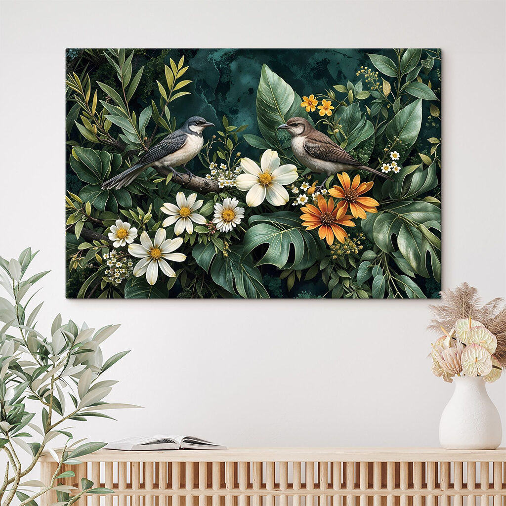 Birds on a branch with flowers Birds on a branch with flowers