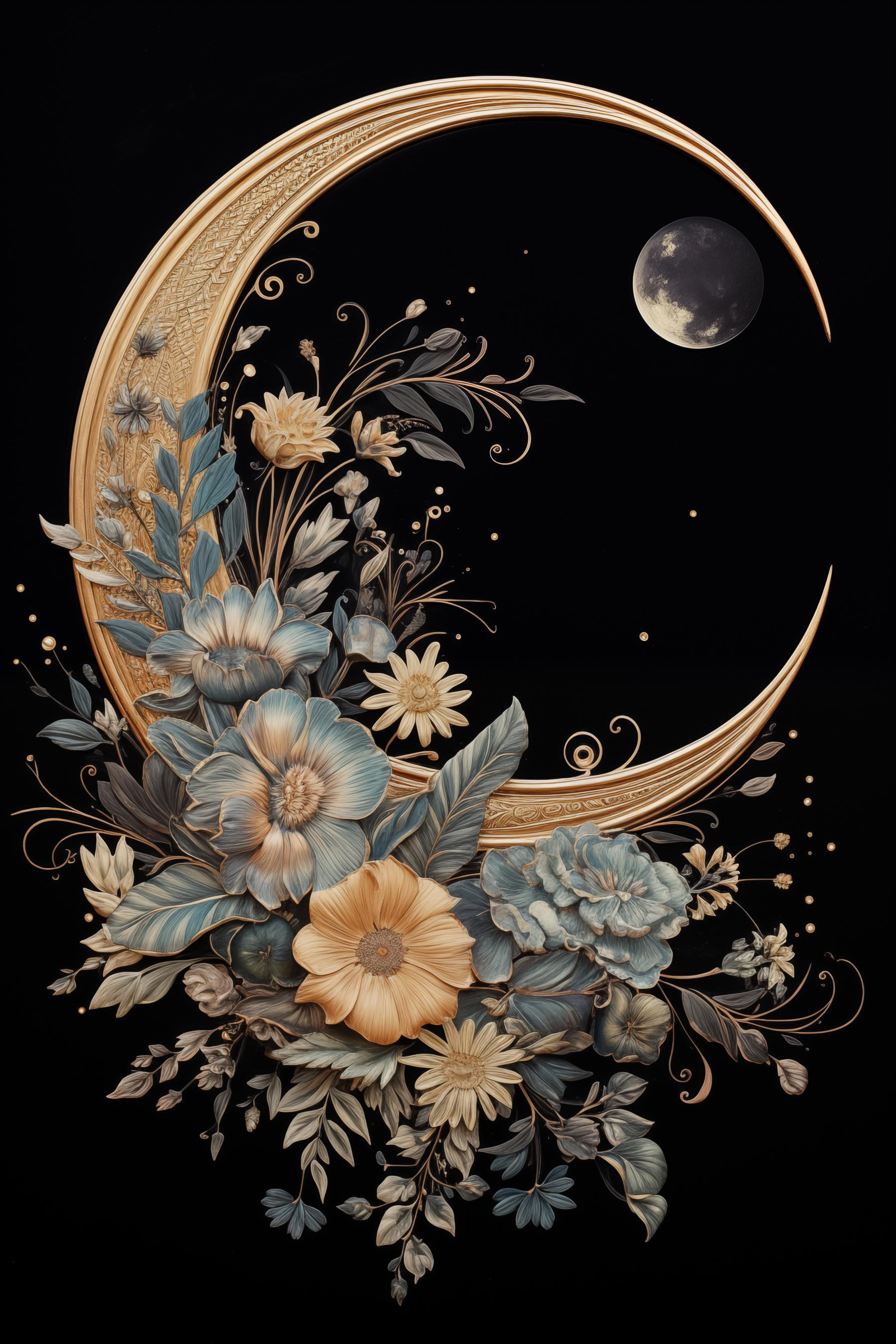 Moon with flowers and leaves