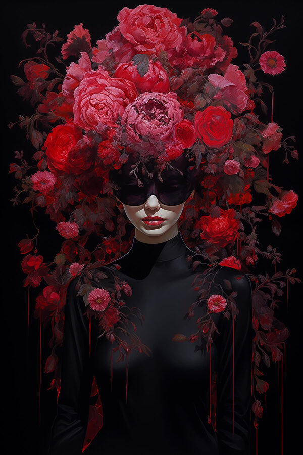 Woman wearing a mask with flowers on her head Woman wearing a mask with flowers on her head