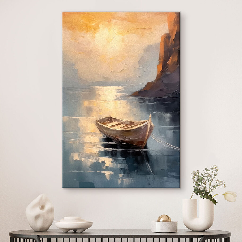 Painting of a boat in water Painting of a boat in water