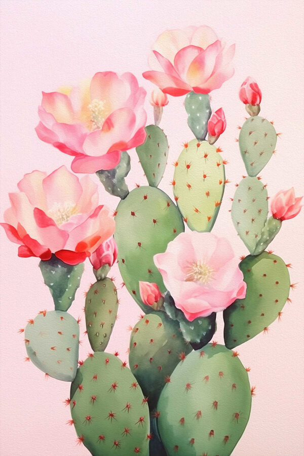 Painting of a cactus with flowers