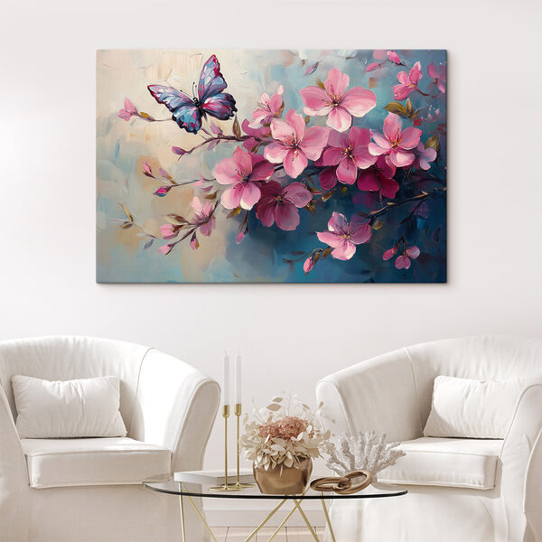 Cuadros Cuadros Una mariposa en una rama de flores rosas (SKU: s42320)