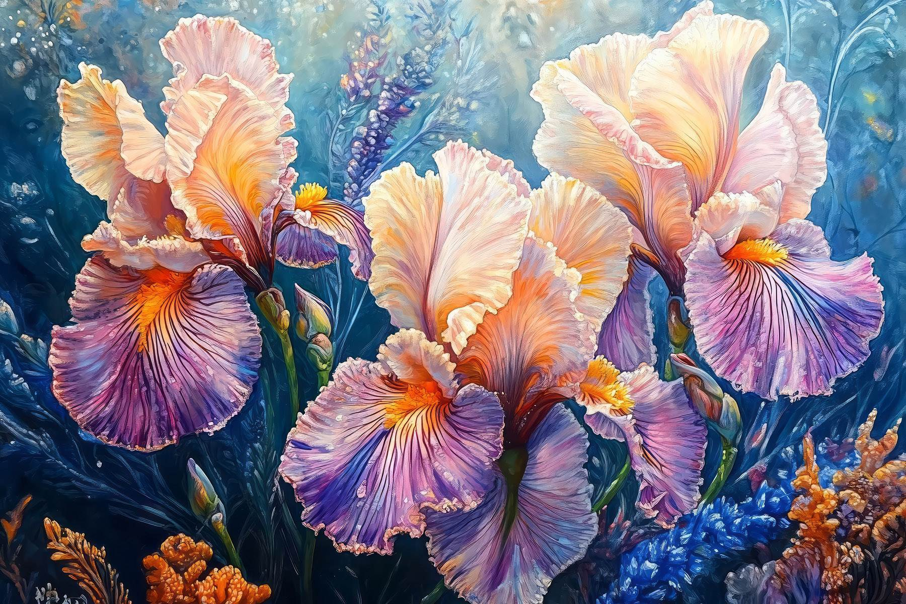 Painting of flowers with yellow and purple petals