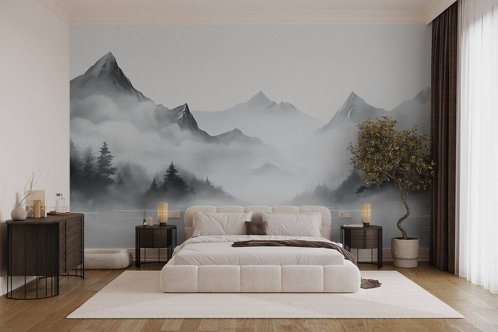 Foggy mountain landscape with trees and mountains