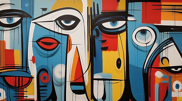 Colorida obra de arte con diferentes caras Colorida obra de arte con diferentes caras