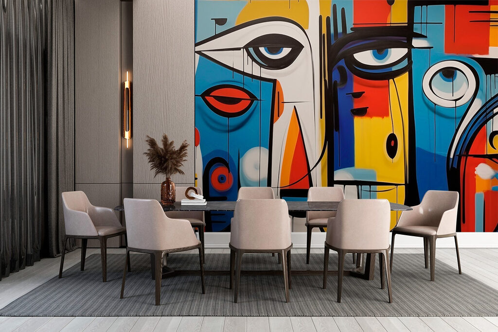 Colorful art piece with different faces