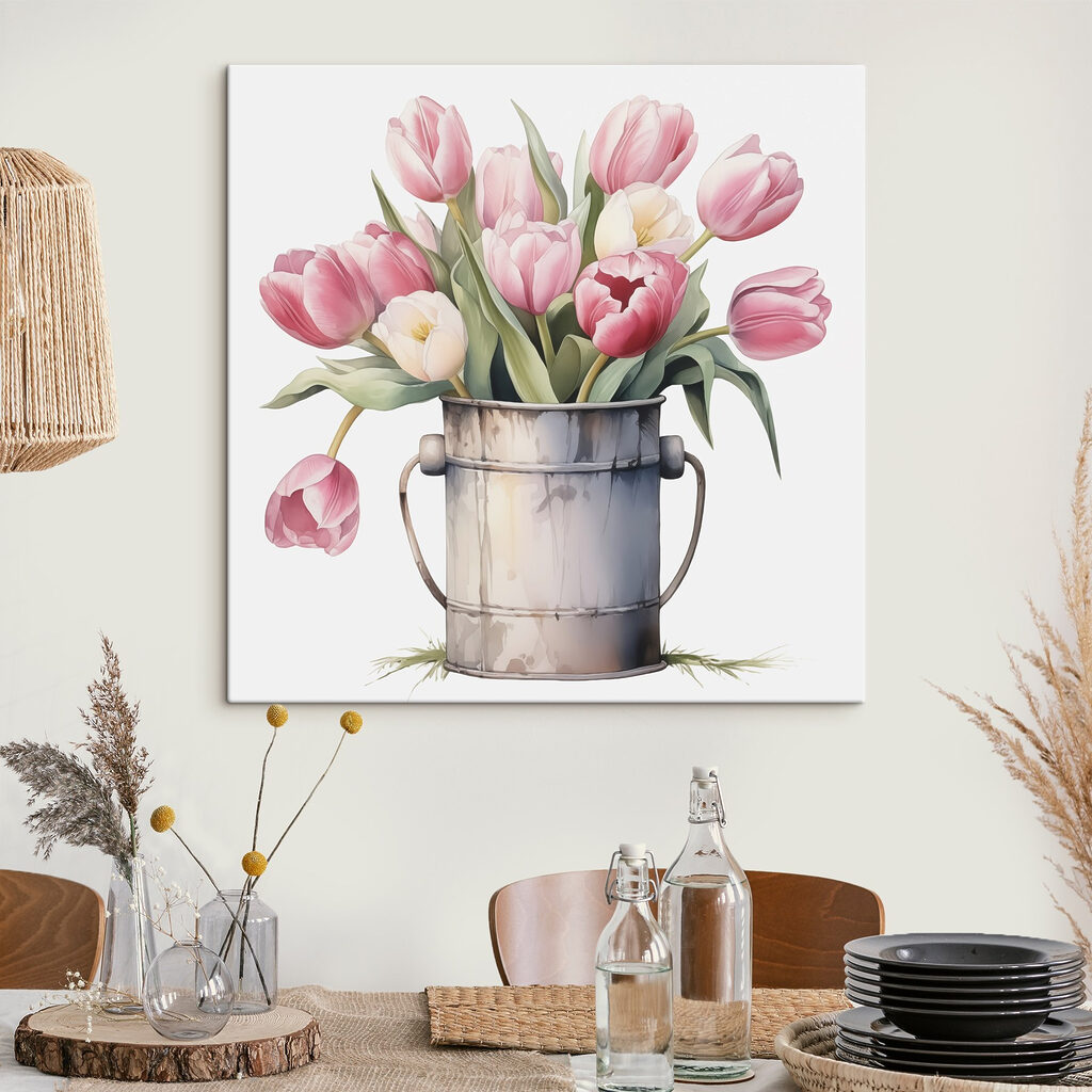 Painting of pink tulips in a metal bucket Painting of pink tulips in a metal bucket