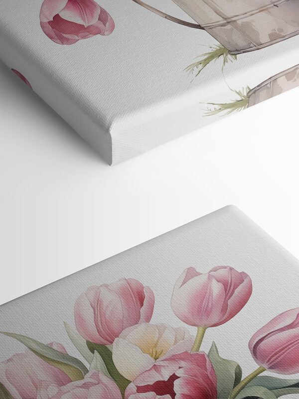 Painting of pink tulips in a metal bucket Painting of pink tulips in a metal bucket