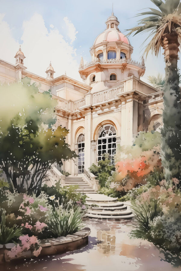 Watercolor painting of a building with a tower and stairs Watercolor painting of a building with a tower and stairs