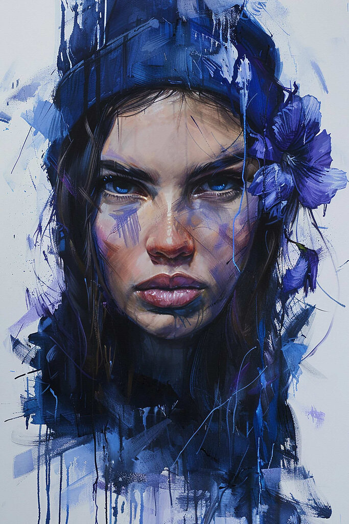 Painting of a woman with blue flowers in her hair Painting of a woman with blue flowers in her hair