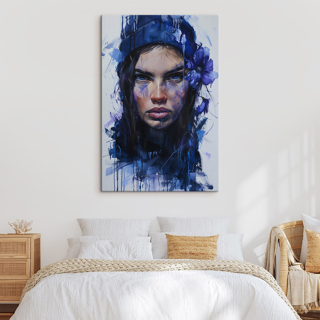 Painting of a woman with blue flowers in her hair Painting of a woman with blue flowers in her hair