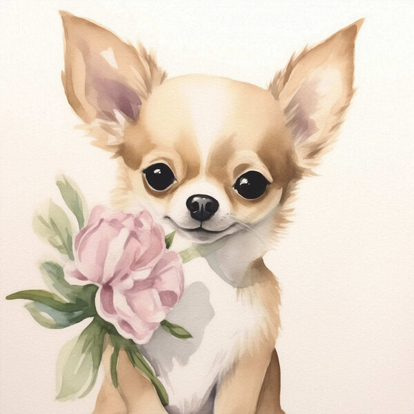 Painting of a dog holding a flower