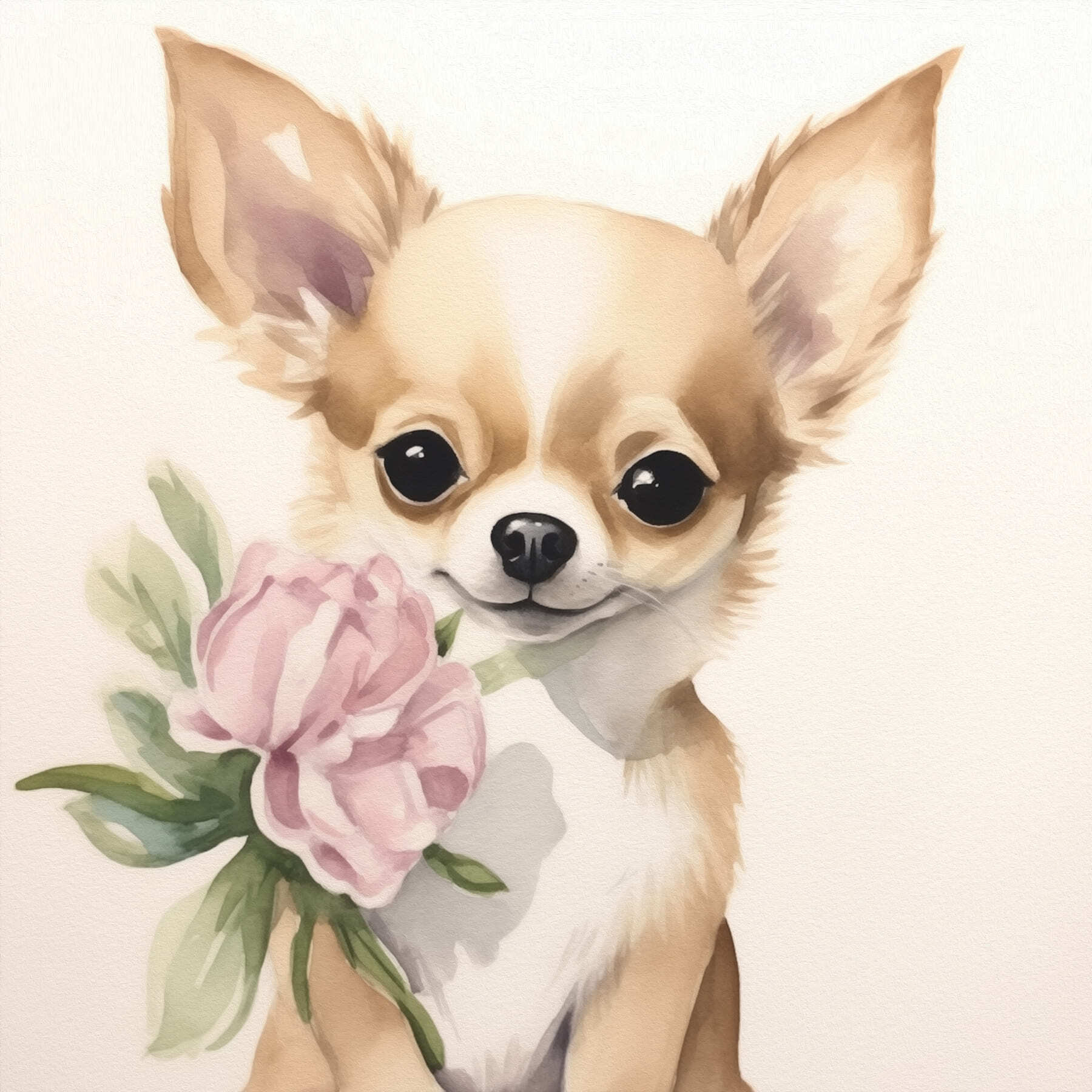 Painting of a dog holding a flower