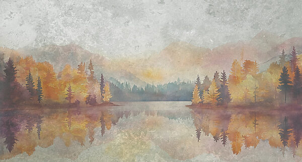Watercolor painting of a lake with trees and mountains Watercolor painting of a lake with trees and mountains