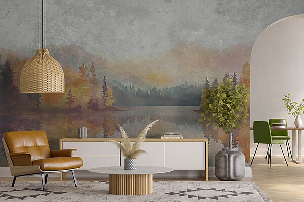 Fotomurales Fotomurales Acuarela de un lago con árboles y montañas (SKU: w08621)