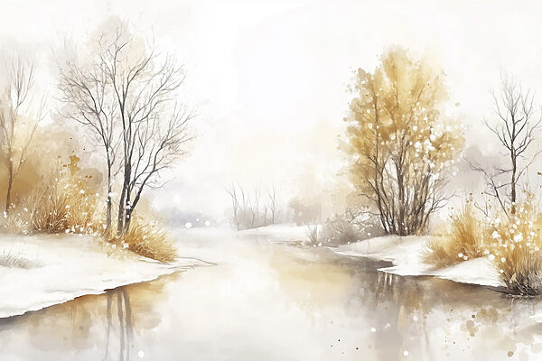 Watercolor of a river with trees and grass and snow