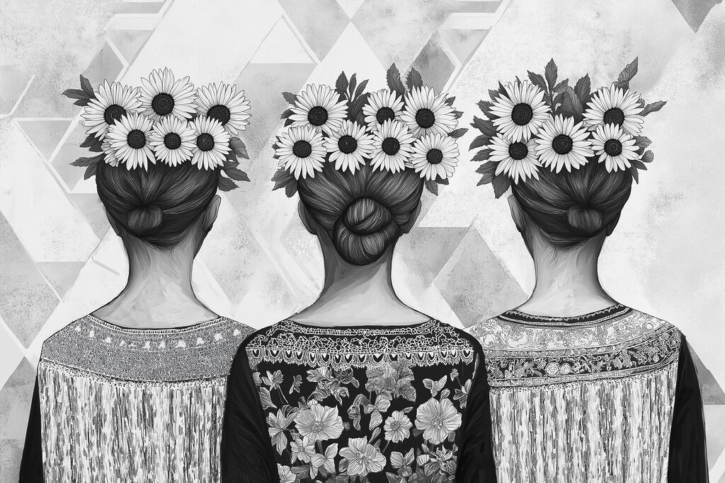 Group of women with flowers in their hair Group of women with flowers in their hair