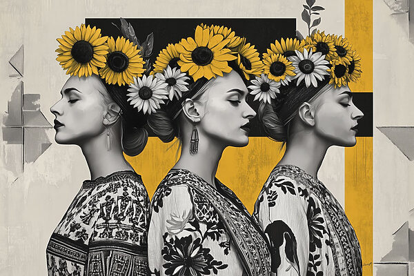 Group of women with sunflowers in their hair Group of women with sunflowers in their hair
