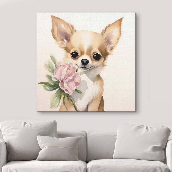 Painting of a dog holding a flower