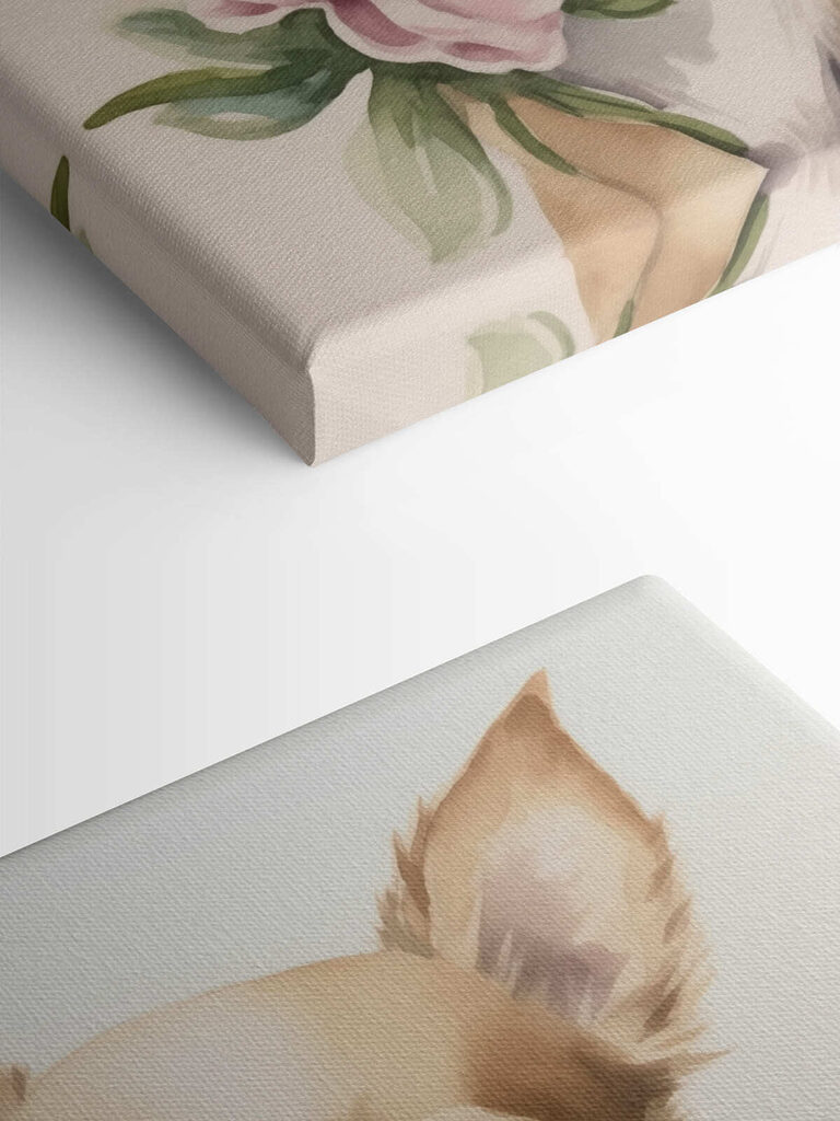 Painting of a dog holding a flower