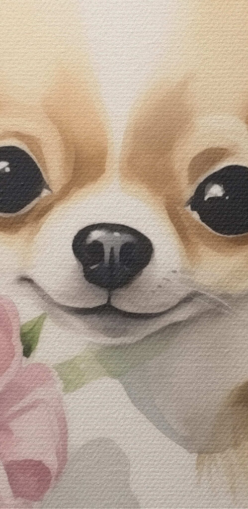 Painting of a dog holding a flower