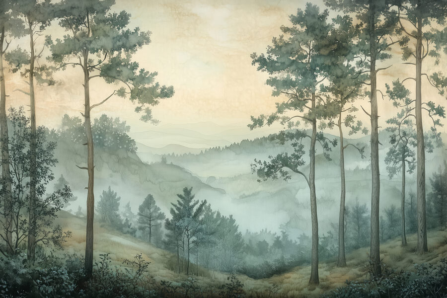 Fotomurales Pintura de un bosque con niebla - Imagen 6