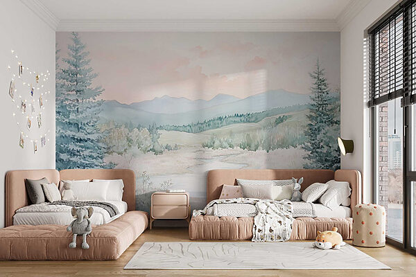 Watercolor painting of a river in a valley