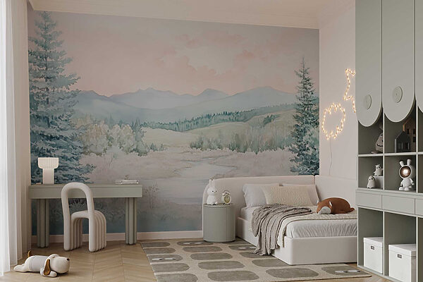 Watercolor painting of a river in a valley