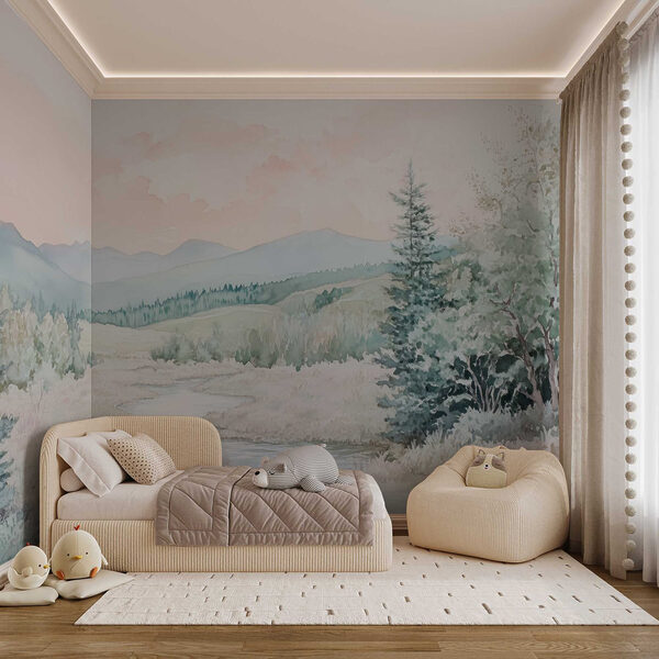 Watercolor painting of a river in a valley