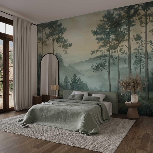 Pintura de un bosque con niebla Pintura de un bosque con niebla