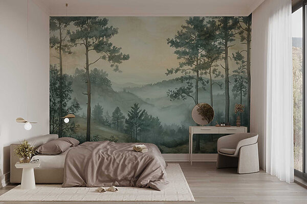 Pintura de un bosque con niebla Pintura de un bosque con niebla