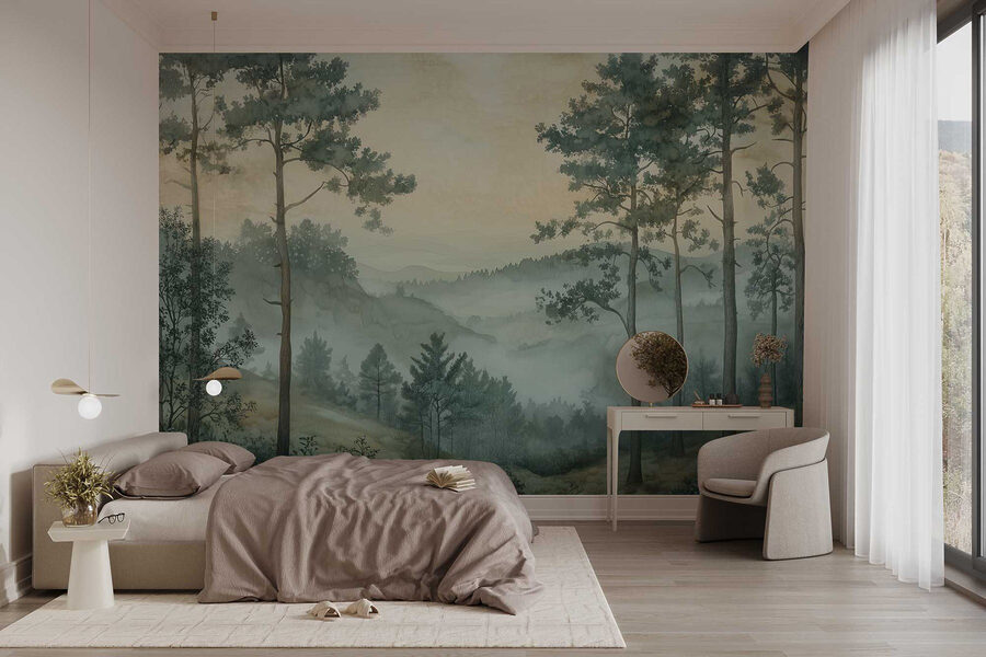 Fotomurales Pintura de un bosque con niebla - Imagen 2