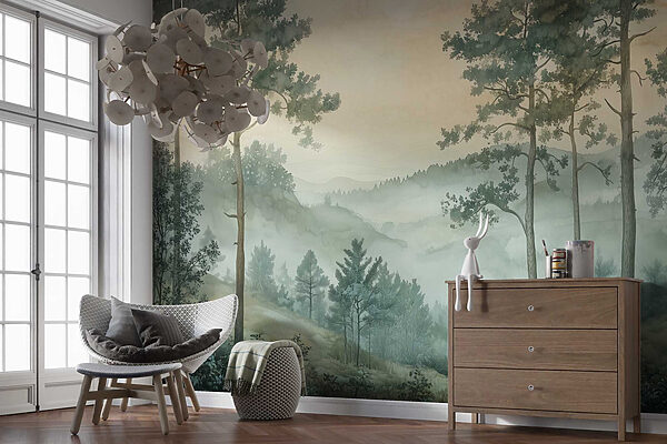 Pintura de un bosque con niebla Pintura de un bosque con niebla