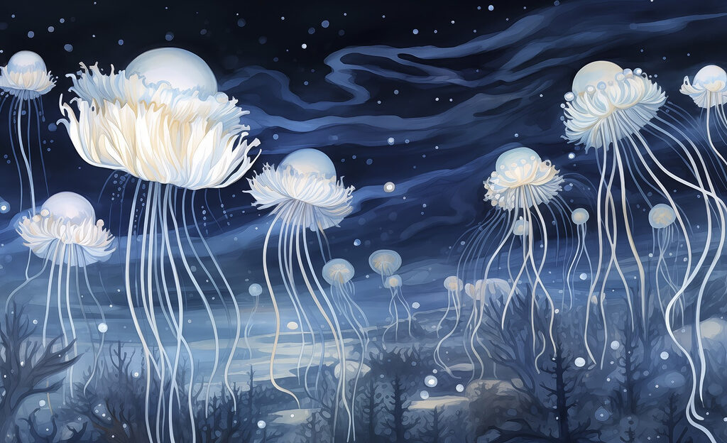 Grupo de medusas bajo el cielo nocturno Grupo de medusas bajo el cielo nocturno