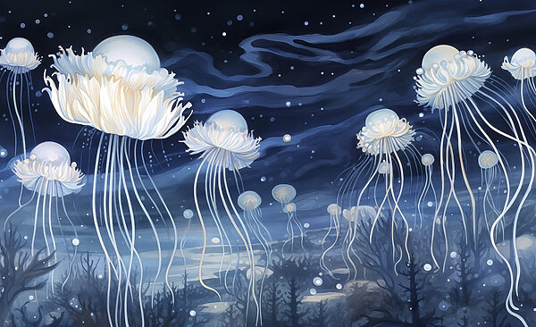 Grupo de medusas bajo el cielo nocturno Grupo de medusas bajo el cielo nocturno