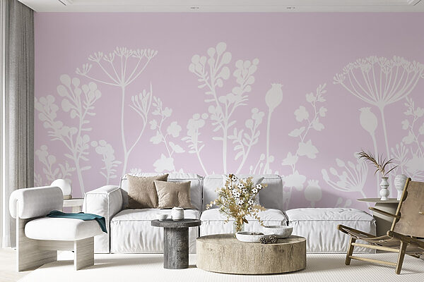 Fotomurales Fotomurales Flores y hojas blancas sobre fondo rosa (SKU: w02809)