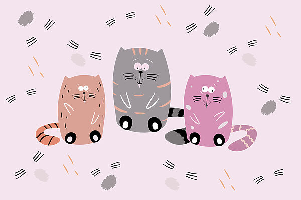 Grupo de gatos sentados en una superficie rosa Grupo de gatos sentados en una superficie rosa