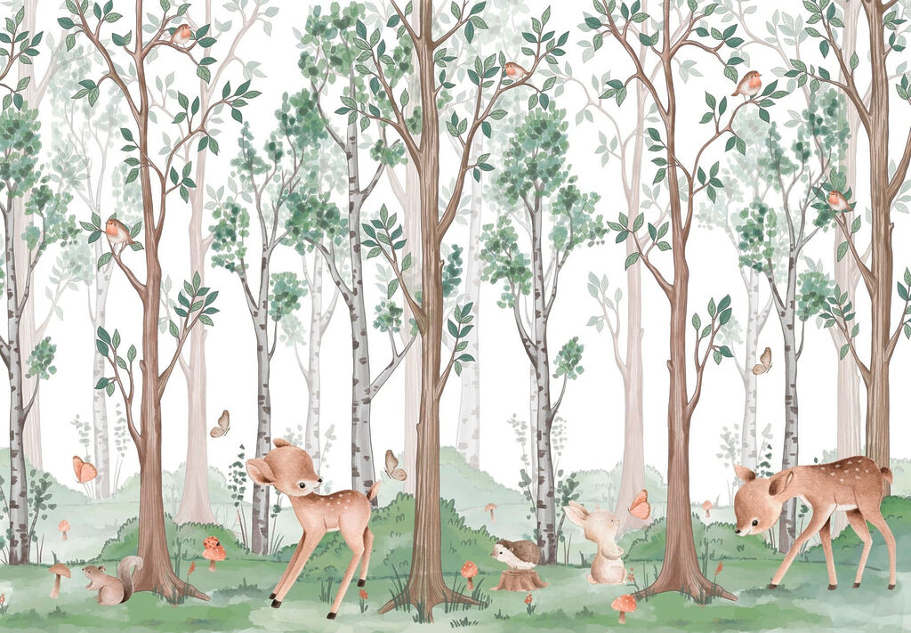 Papel pintado con un bosque de árboles y animales Papel pintado con un bosque de árboles y animales
