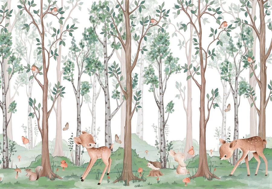 Papel pintado con un bosque de árboles y animales