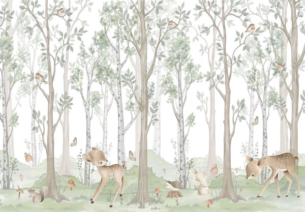 Papel pintado con un bosque de árboles y animales Papel pintado con un bosque de árboles y animales
