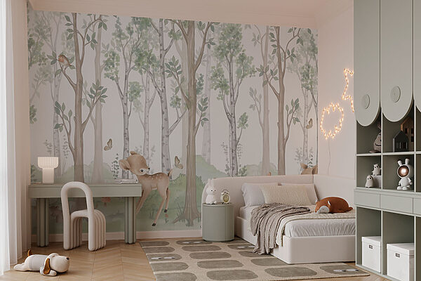 Papel pintado con un bosque de árboles y animales Papel pintado con un bosque de árboles y animales