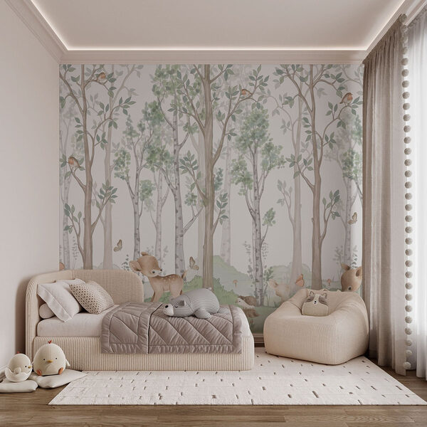 Papel pintado con un bosque de árboles y animales Papel pintado con un bosque de árboles y animales