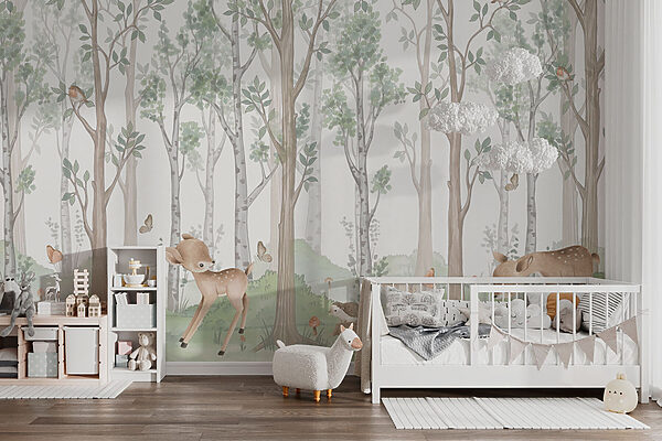 Papel pintado con un bosque de árboles y animales Papel pintado con un bosque de árboles y animales