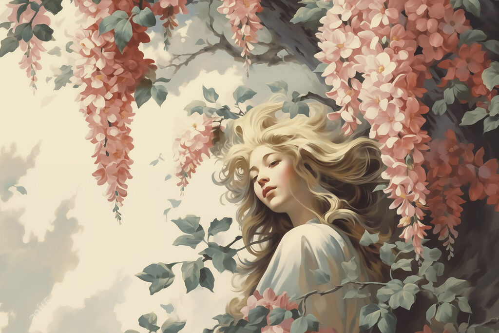 Mujer en un árbol con flores Mujer en un árbol con flores