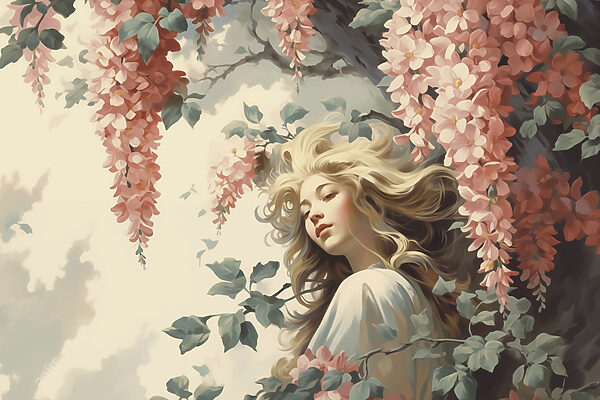 Mujer en un árbol con flores Mujer en un árbol con flores