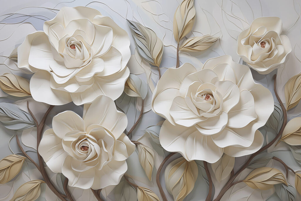 Flores y hojas blancas sobre una superficie blanca Flores y hojas blancas sobre una superficie blanca