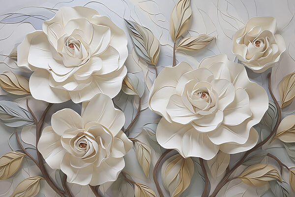 Flores y hojas blancas sobre una superficie blanca Flores y hojas blancas sobre una superficie blanca