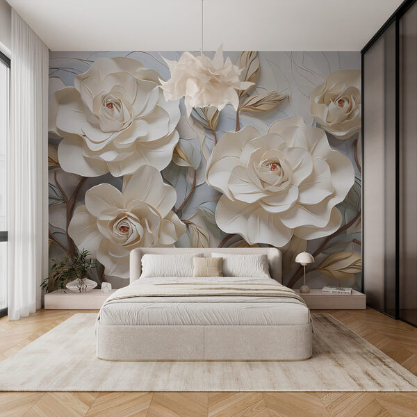 Flores y hojas blancas sobre una superficie blanca Flores y hojas blancas sobre una superficie blanca